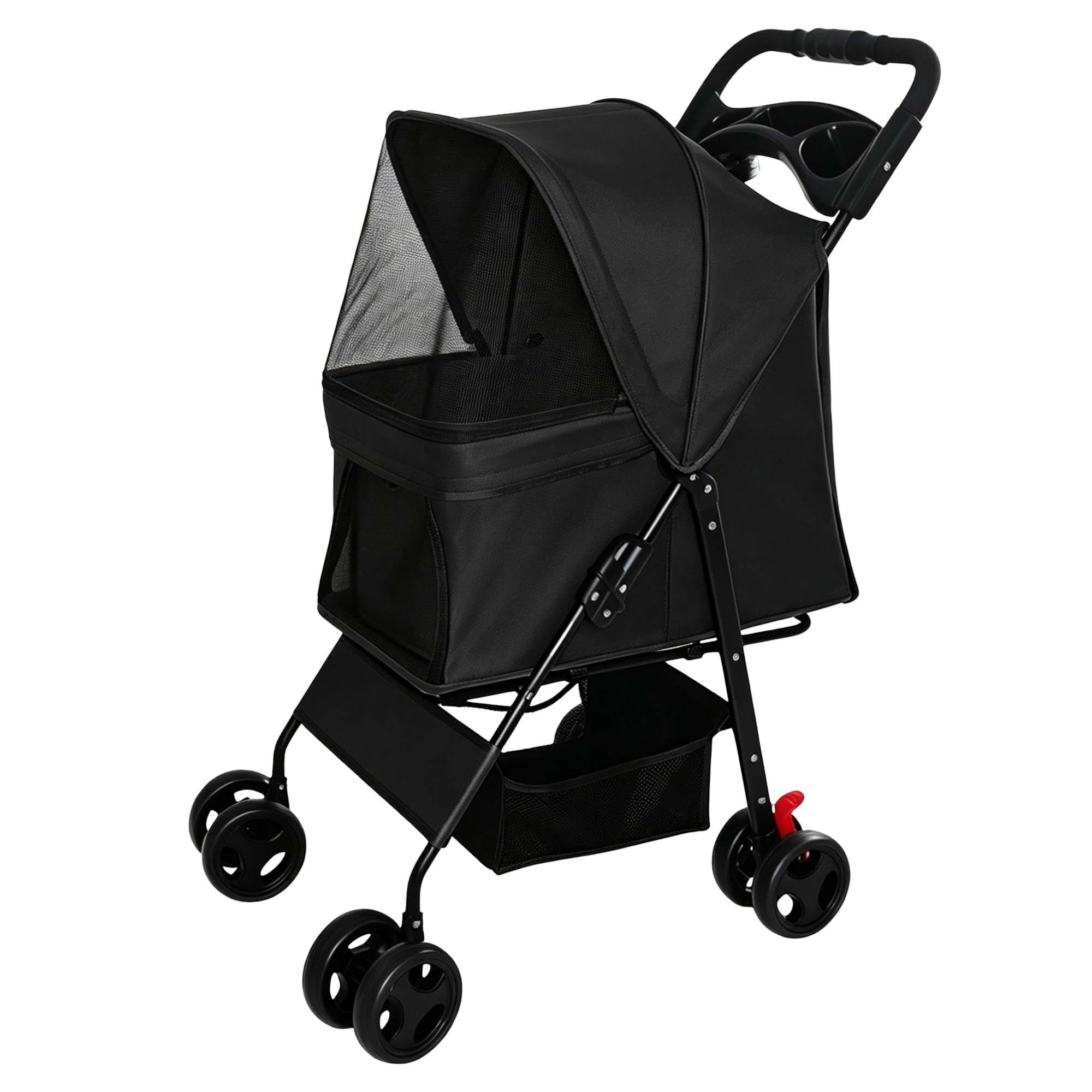 Foldable Pet Stroller for Small Dogs and Cats Under 28 lbs with Multi-Functional Tray, 2 Safety Leashes, Storage Basket & Breathable Mesh, 4 Wheels Pet Stroller, Black